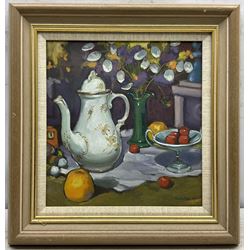 Peter W Miller (Scottish Contemporary): 'Still Life with Coffee Pot and Honesty', oil on panel signed and dated 1991, titled verso 34cm x 32cm