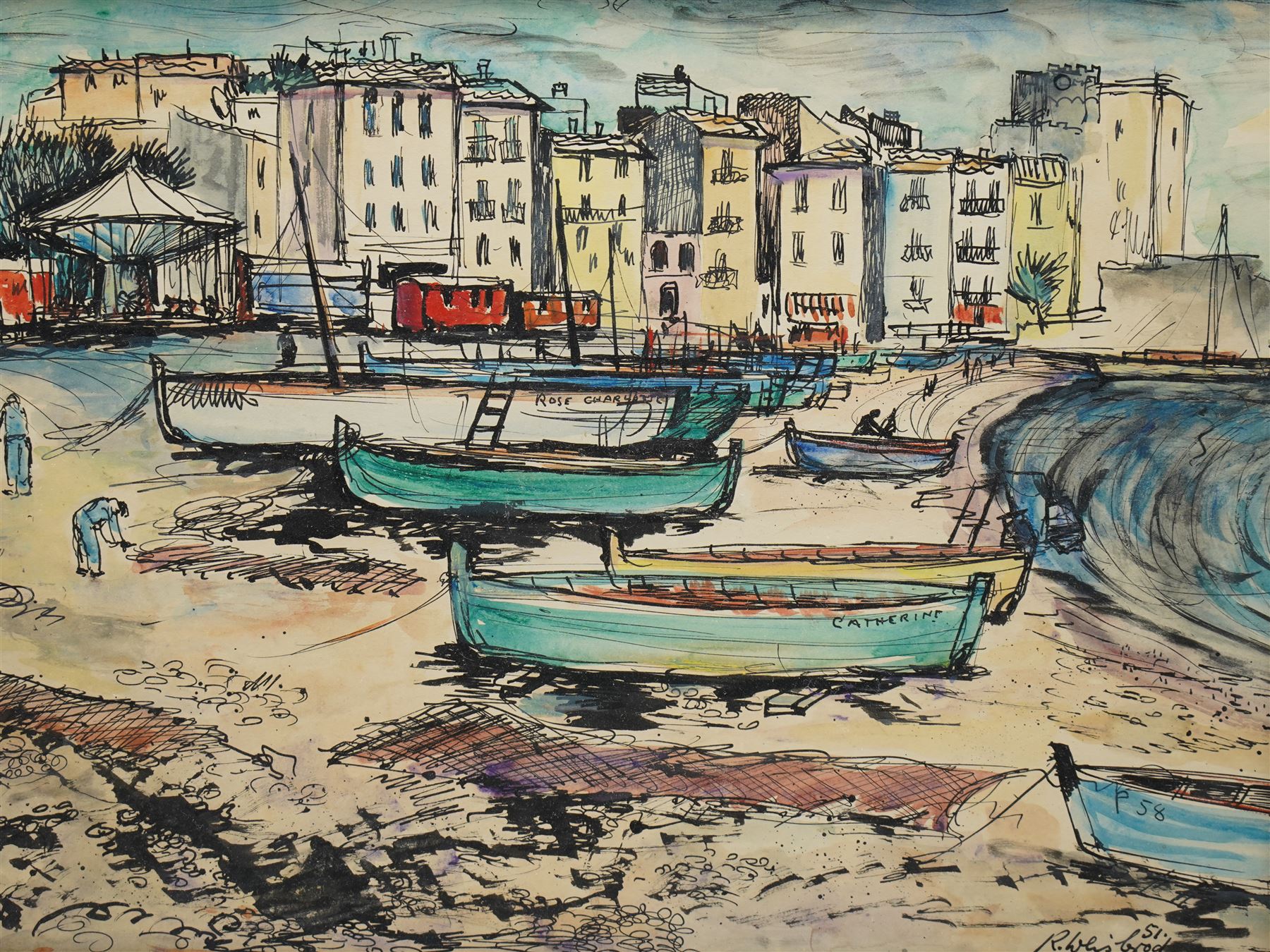 Richard Weisbrod (Swiss 1906-1991): 'View of Collioure' France, watercolour and pen signed and dated '51, titled verso 36cm x 48cm