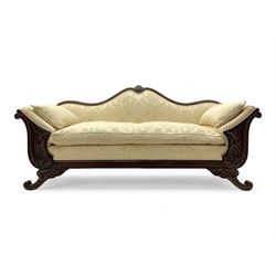 Victorian design walnut framed settee, shaped camelback with gadroon carved edge and central feather motif, upholstered in cream damask fabric with scrolling floral pattern, S-scroll arm facias carved with flower head and curled leaves, feather carved C-scroll splayed feet 