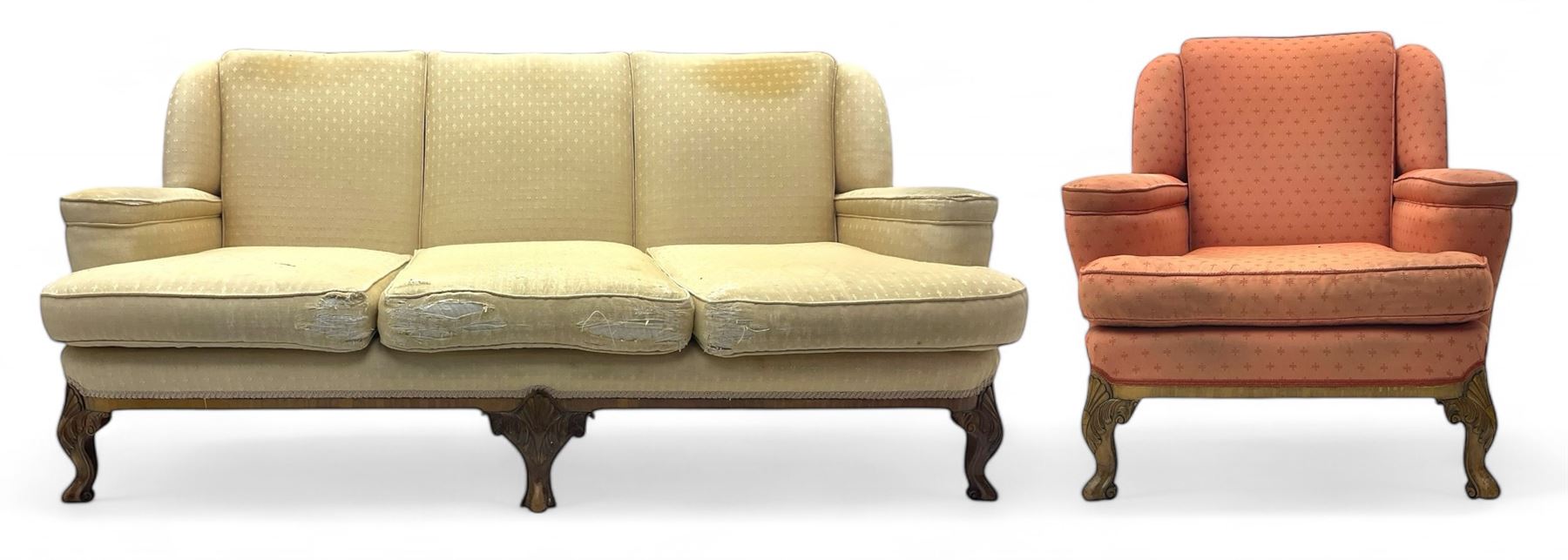 Late 20th century mahogany framed three seat sofa, upholstered in cream fabric with repeating cross pattern, raised on cabriole supports (W192cm, D98cm, H89cm); matching armchair in light pink fabric (W92cm, D98cm, H89cm) 