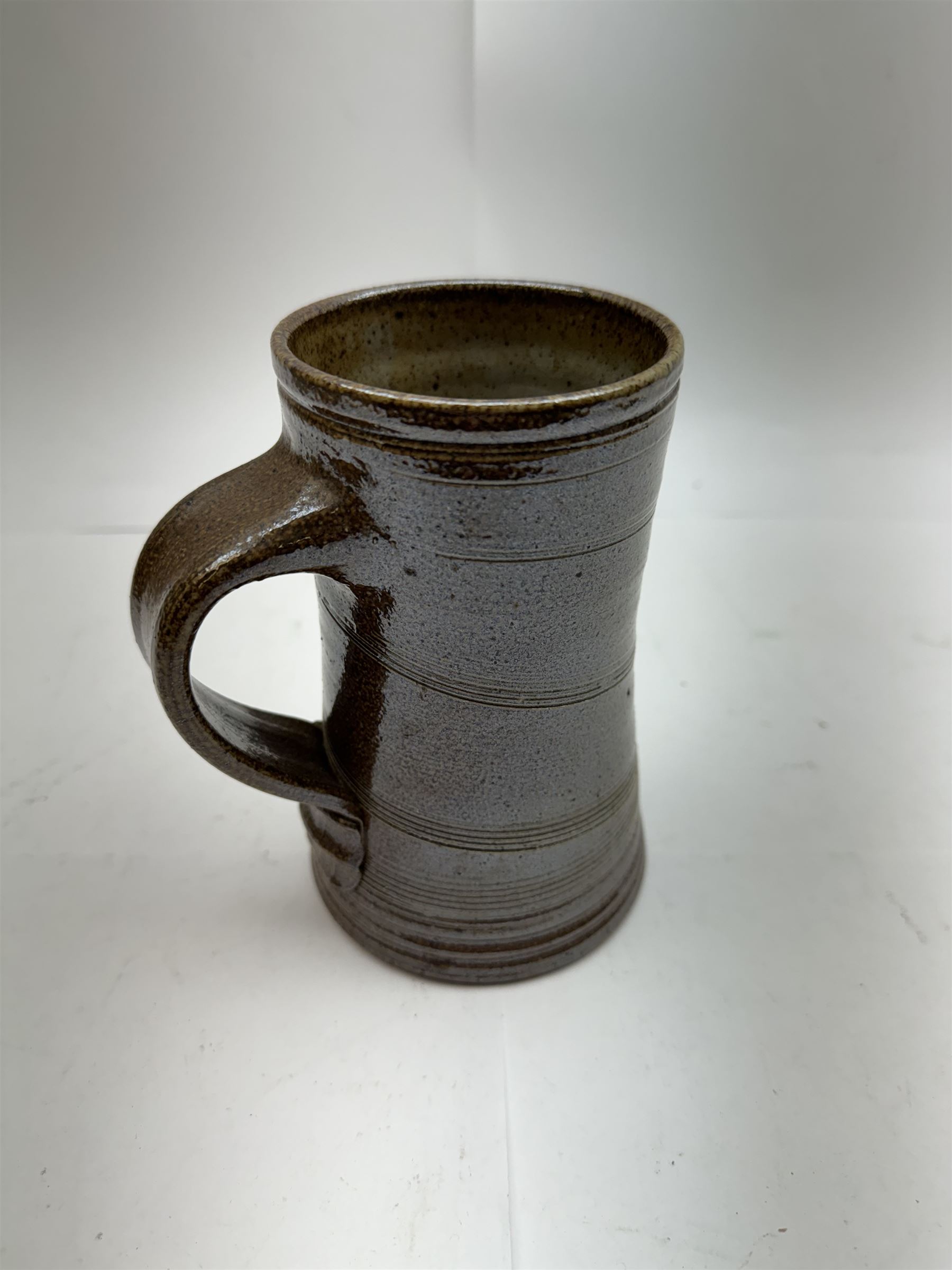 Jane Hamlyn studio pottery tankard and two John Egerton tea caddies, together with two studio pottery lamp bases, largest lamp base H34cm