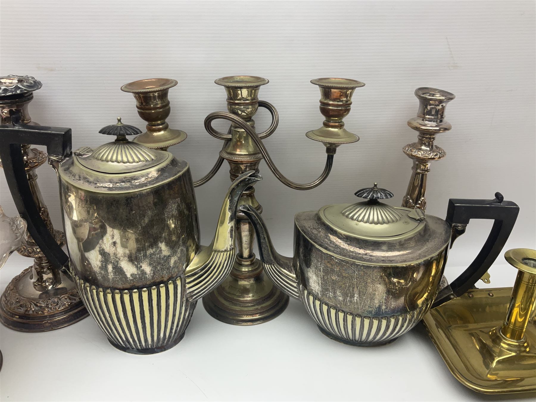 Collection of silver plate, to include pedestal dish, candle sticks, tea service etc  