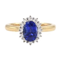 18ct rose gold oval cut sapphire and round brilliant cut diamond cluster ring, hallmarked, sapphire approx 1.25 carat