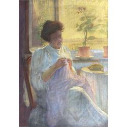 English School (Early 20th century): Lady Seated by a Window, pastel on linen canvas possibly signed lower left 91cm x 65cm