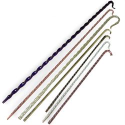 Seven glass walking canes, including a Victorian  double helix example, two in the form of shepherds crooks with barley twist stems, three others with spiral twist decoration and one other, max L177cm 