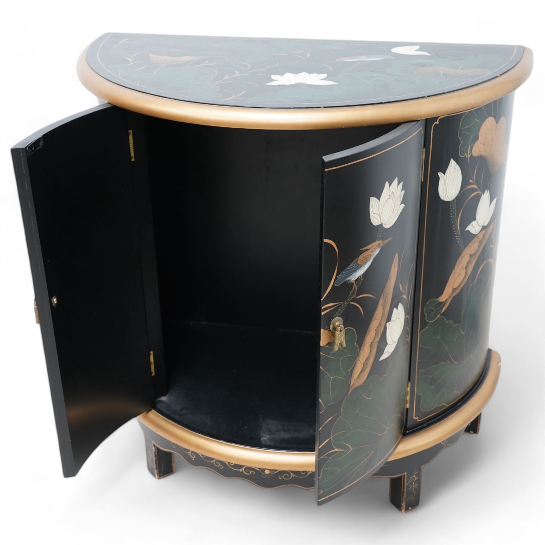 Chinoiserie design demi-lune cabinet, moulded top over two panelled doors, decorated with floral decoration and birds 