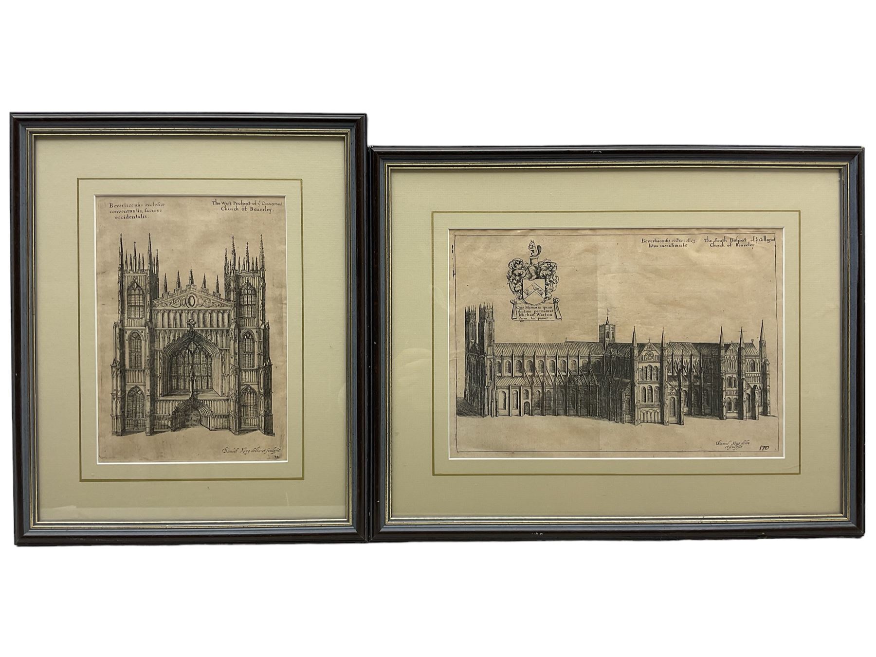 After Daniel King (British c.1616-1661): The South and West Prospects of Beverley Minster, pair 18th/19th century engravings 22cm x 32cm and 25cm x 18cm (2)