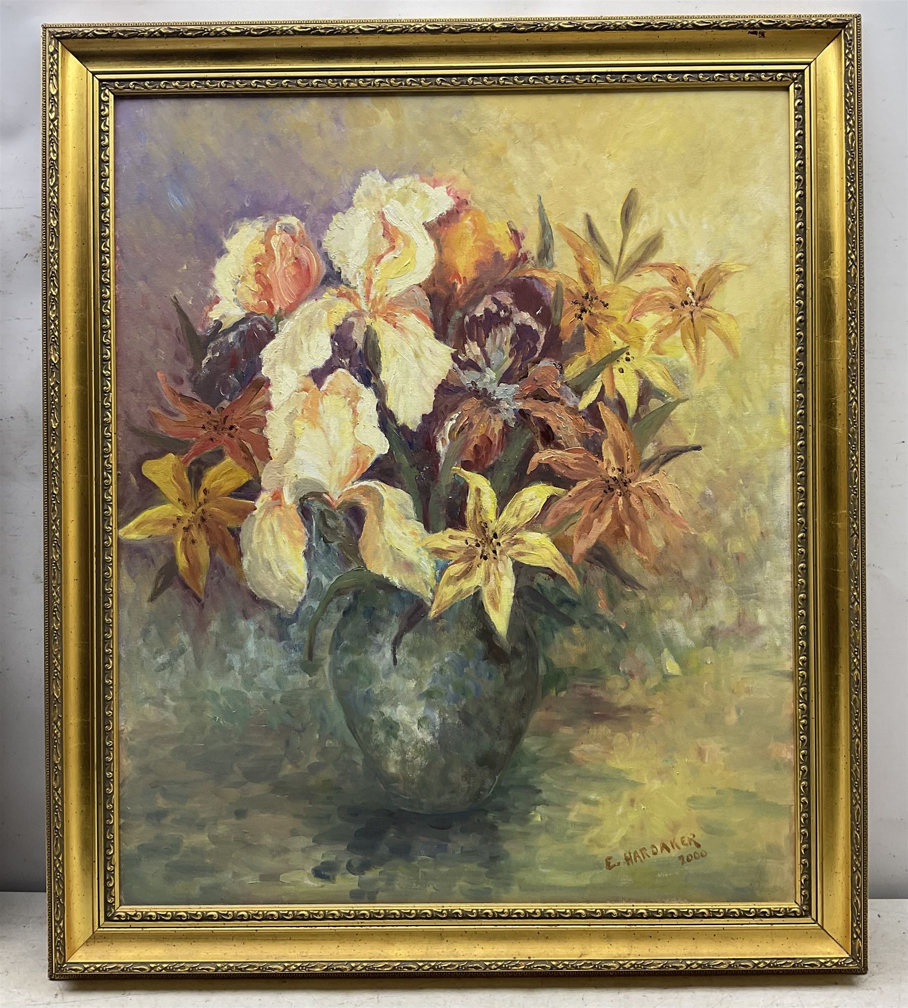 E Hardaker (British 20th Century): Still Life of Flowers, oil on canvas signed and dated 2000, 76cm x 63cm 