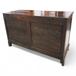 18th century oak mule chest, rectangular hinged top enclosing main compartment, over a triple fielded panelled front, two drawers fitted to base, lower moulded edge on shaped bracket feet