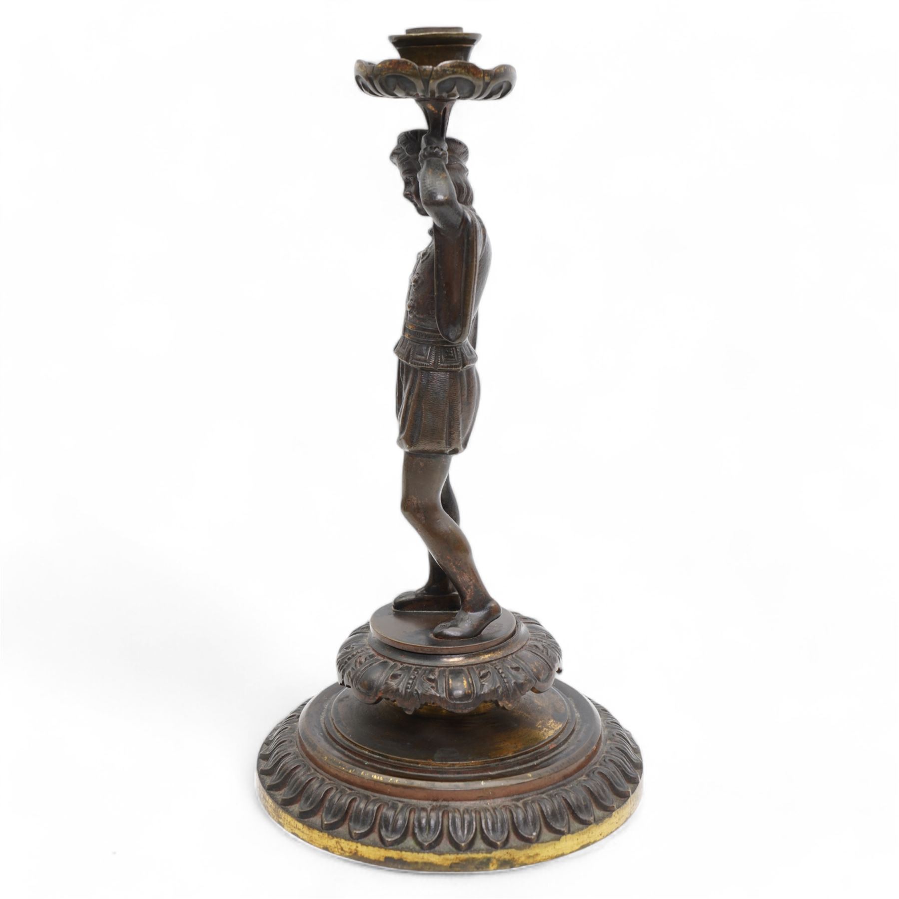 19th century continental bronze candle holder, the column formed as a courtier in Italian dress supporting the sconce, H31cm 