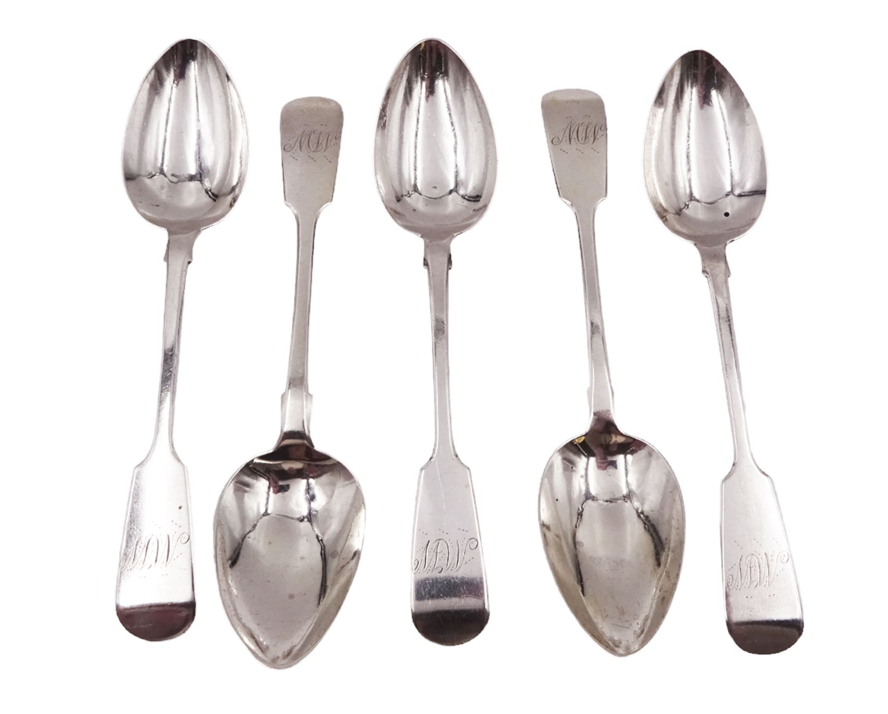 Set of five Victorian Newcastle silver Fiddle pattern teaspoons, each with engraved monogram to finial, hallmarked Thomas Sewell I, Newcastle 1854