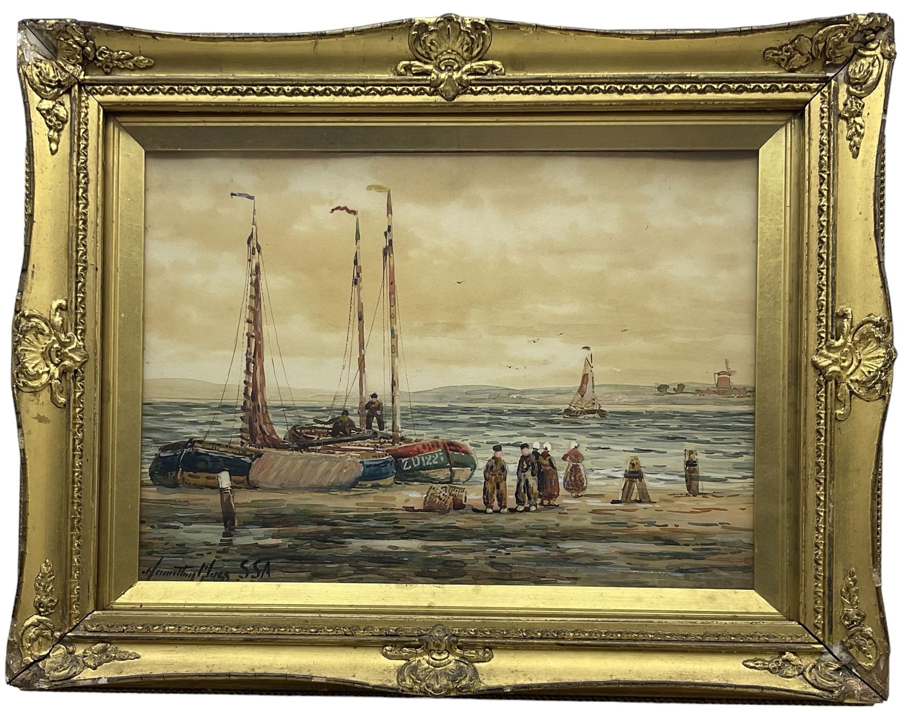 John Hamilton Glass (Scottish 1820-1885): Dutch Fishermen on the Shore, watercolour signed 24cm x 34cm; R Bayles (British 20th century): 'Morning Mists', watercolour signed titled and dated 1947, 14cm x 26cm (2)