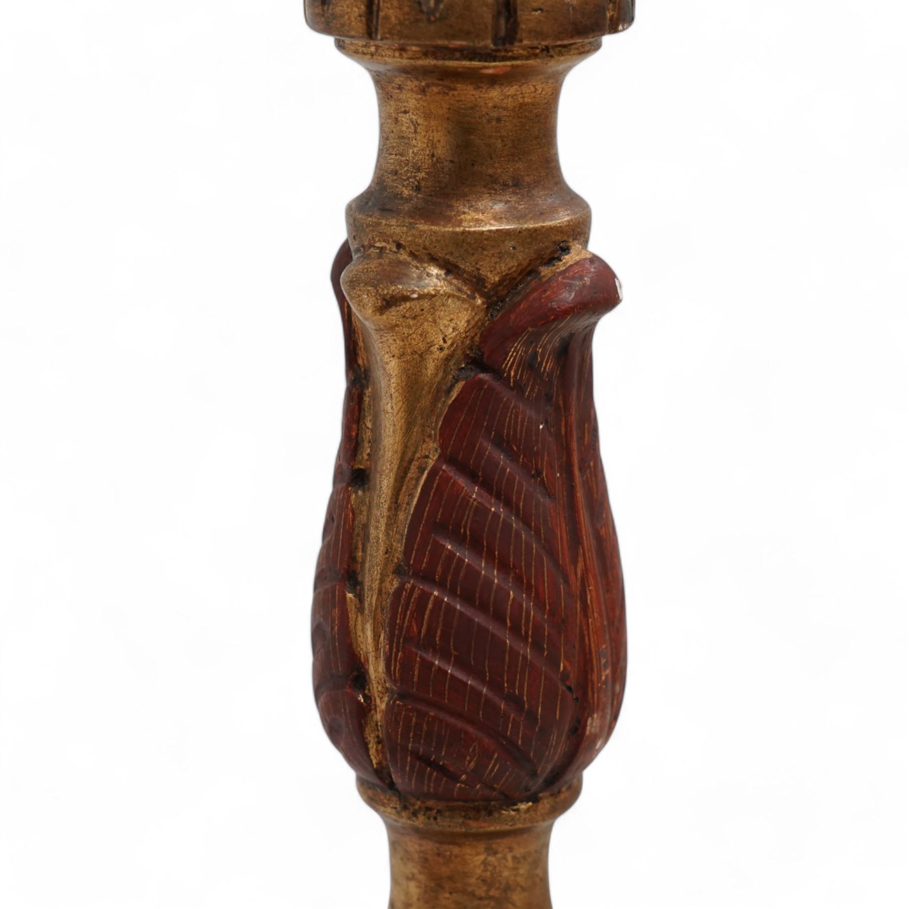 Italian design giltwood standard lamp stand, turned and foliage carved stem, on triangular base with scroll carved supports 