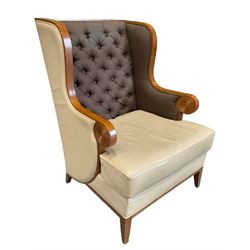 Walnut finish framed wing back armchair upholstered leather and buttoned fabric