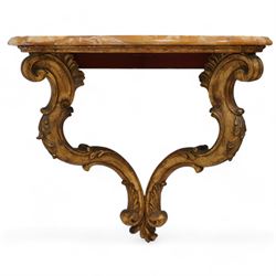 20th century wall hanging side or console table, shaped variegated orange marble top on gilt base, S-scroll design and decorated with acanthus leaves 