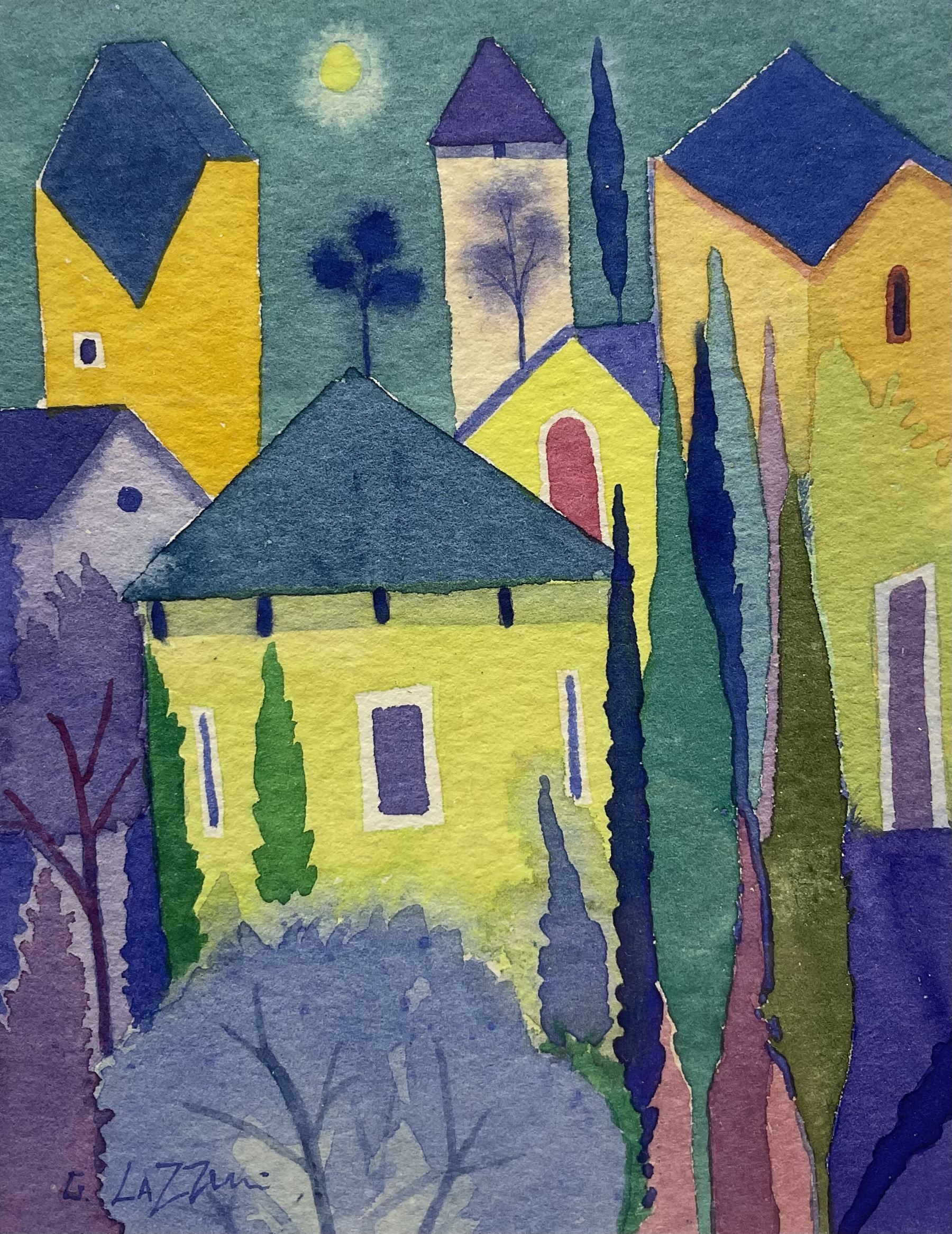 Giuliana Lazzerini (Italian/Yorkshire 1951-): 'Village and the Moon', watercolour signed 14cm x 10.5cm