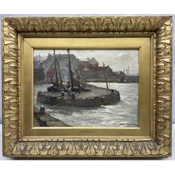 Arthur A Friedenson (Staithes Group 1872-1955): Children Fishing 'Pittenweem Harbour Fifeshire', oil on panel signed, titled and signed verso 25cm x 34cm