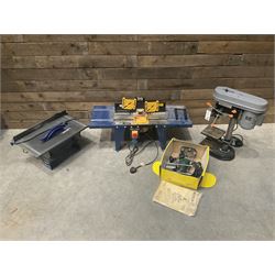 Terratek pillar drill, Wolf router with table, Bosch router and an Energer table saw