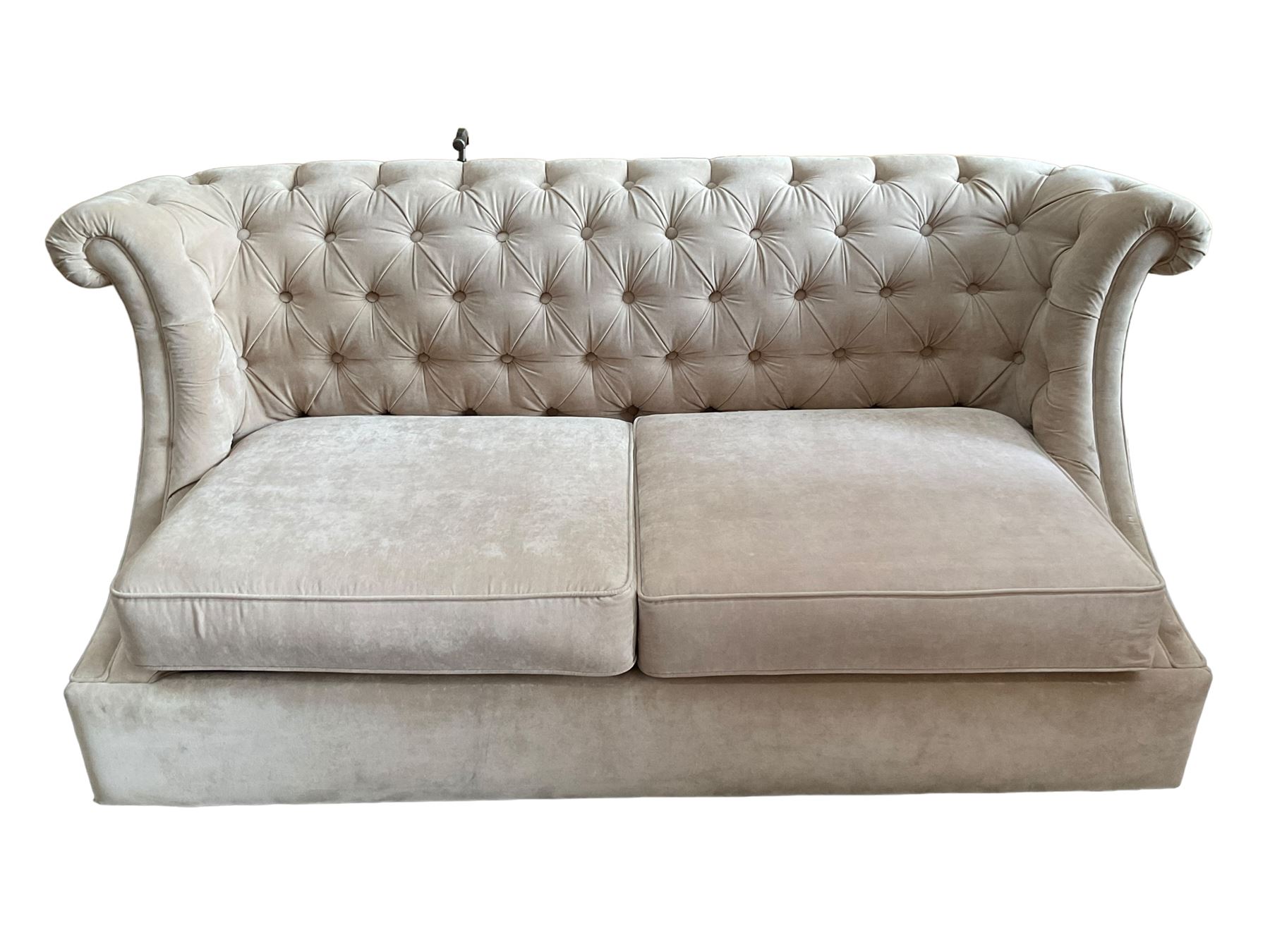 Grande wing back sofa bed, upholstered in beige buttoned fabric, metal action pull out double bed