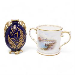 Early 20th century Royal Worcester loving cup, circa 1906, painted with a view of the Rive...