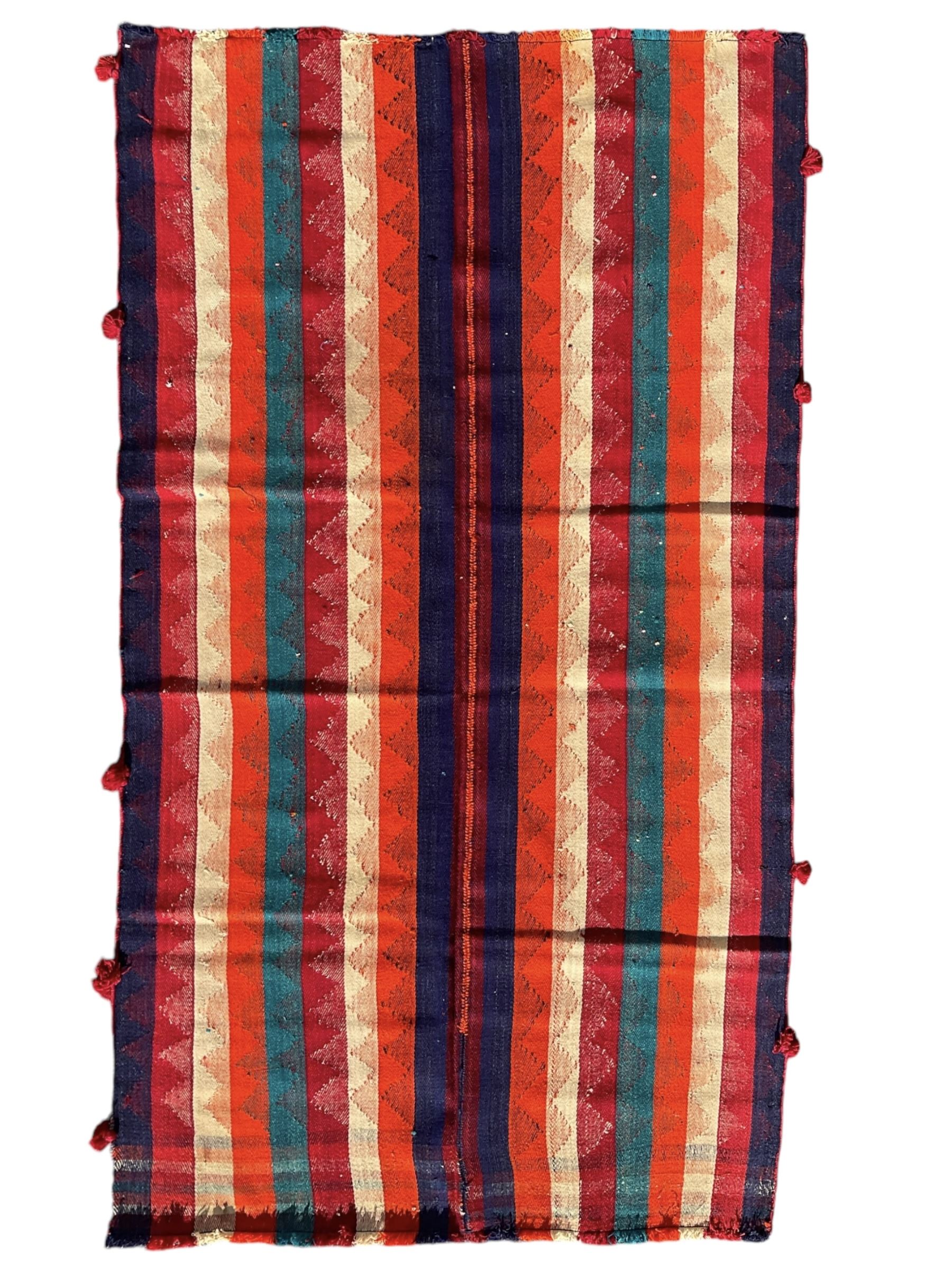 South West Persian Jajim Kilim ground rug, the field with alternating vertical stripes with lightly woven diamond-shaped motifs running through the pattern, the edges with small decorative tufts