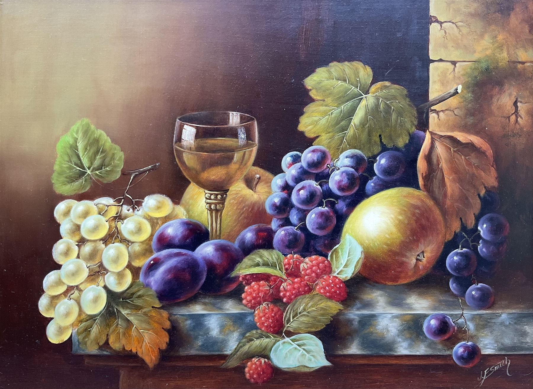 John F Smith (British 1934-): Fruit and Wine Glass, oil on board signed 29cm x 40cm 
Notes: Smith was employed by Royal Worcester as a fruit painter between 1950 and 1971.