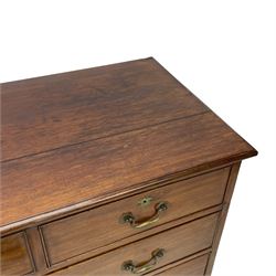 George III mahogany chest, moulded rectangular top over two short and three long cock-beaded drawers, fitted with brass swan neck handles and circular plates, on bracket feet