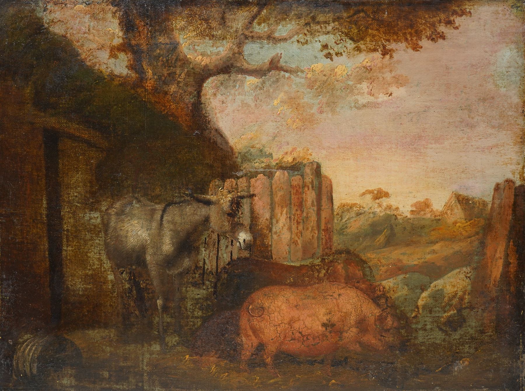 English Naive Primitive School (19th century): Donkey and Pigs in a Country Farmstead, oil on canvas unsigned 38cm x 51cm (unframed)