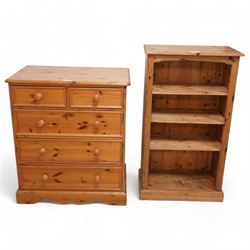 Polished pine chest, fitted with two short and three long drawers (W87cm, H101cm, D48cm); ...