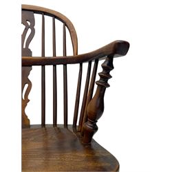 19th century yew wood and elm Windsor armchair, low double hoop stick and pierced splat back, dished seat on turned supports united by crinoline stretchers