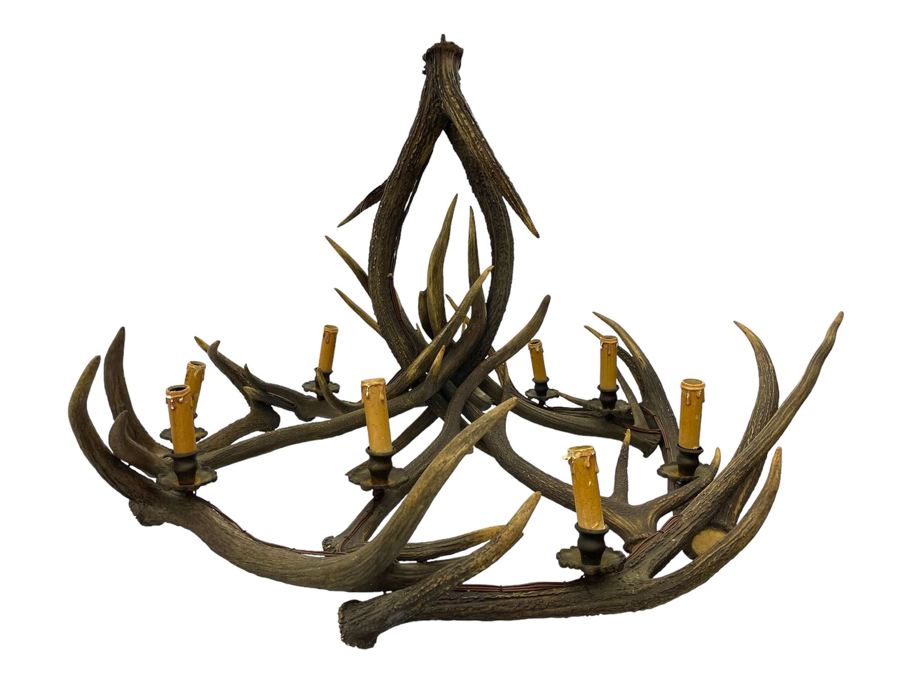 Deer antler chandelier, of circular shaped form, with nine fitted lights, D84cm, H65cm