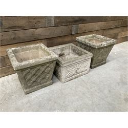 Pair of square cast stone planters, single planter with leaf decoration and a rectangular brick effect planter (4)