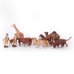 Collection of Elastolin and similar figures, to include camel, lions, giraffe, horses, sheep, cow, pig, etc and two shepherds