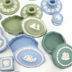 Large group of Wedgwood Jasperware including trinket boxes, vases, plates, ring holder, bauble and others (qty)