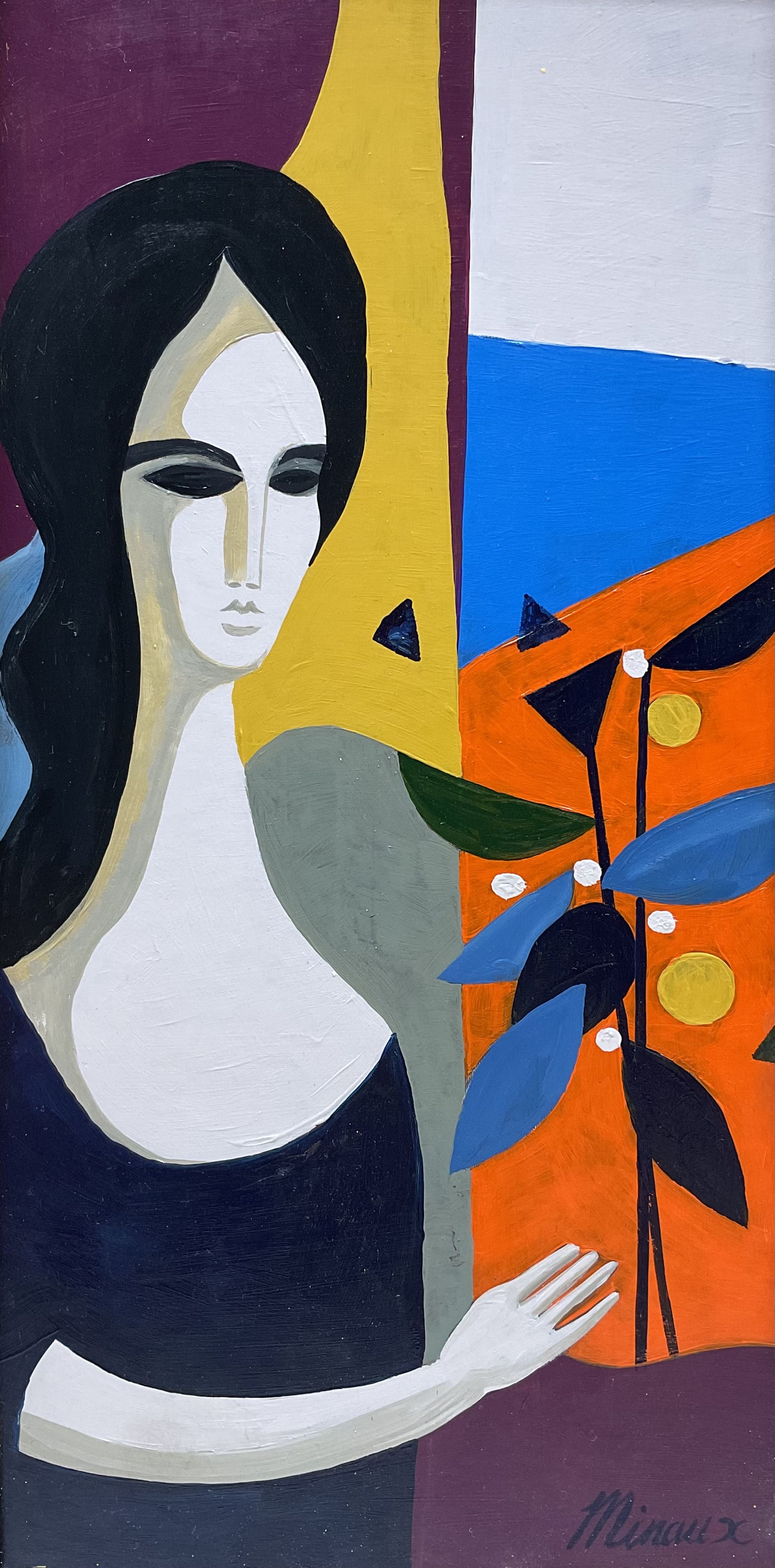 Andre Minaux (French 1923-1986): Cubist Lady with Flowers, oil on board signed 39cm x 19cm