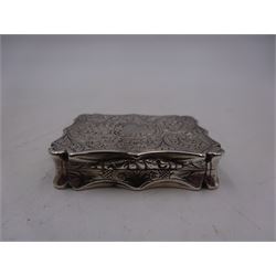 Victorian silver vinaigrette, with bright cut scrolling decoration and engraved name to hinged cover, the gilt interior with typical pierced cover, hallmarked Nathaniel Mills, Birmingham 1848, W4.2cm