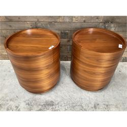 Pair of walnut circular barrel shaped lamp tables, fitted with single drawer