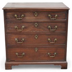 George III mahogany chest, moulded rectangular top over four graduating cock-beaded drawers, shaped and beaded handle plates with ornately cast swan neck handles, on bracket feet