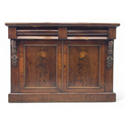 Mid 19th century mahogany sideboard, rectangular top over two frieze drawers with rounded ...