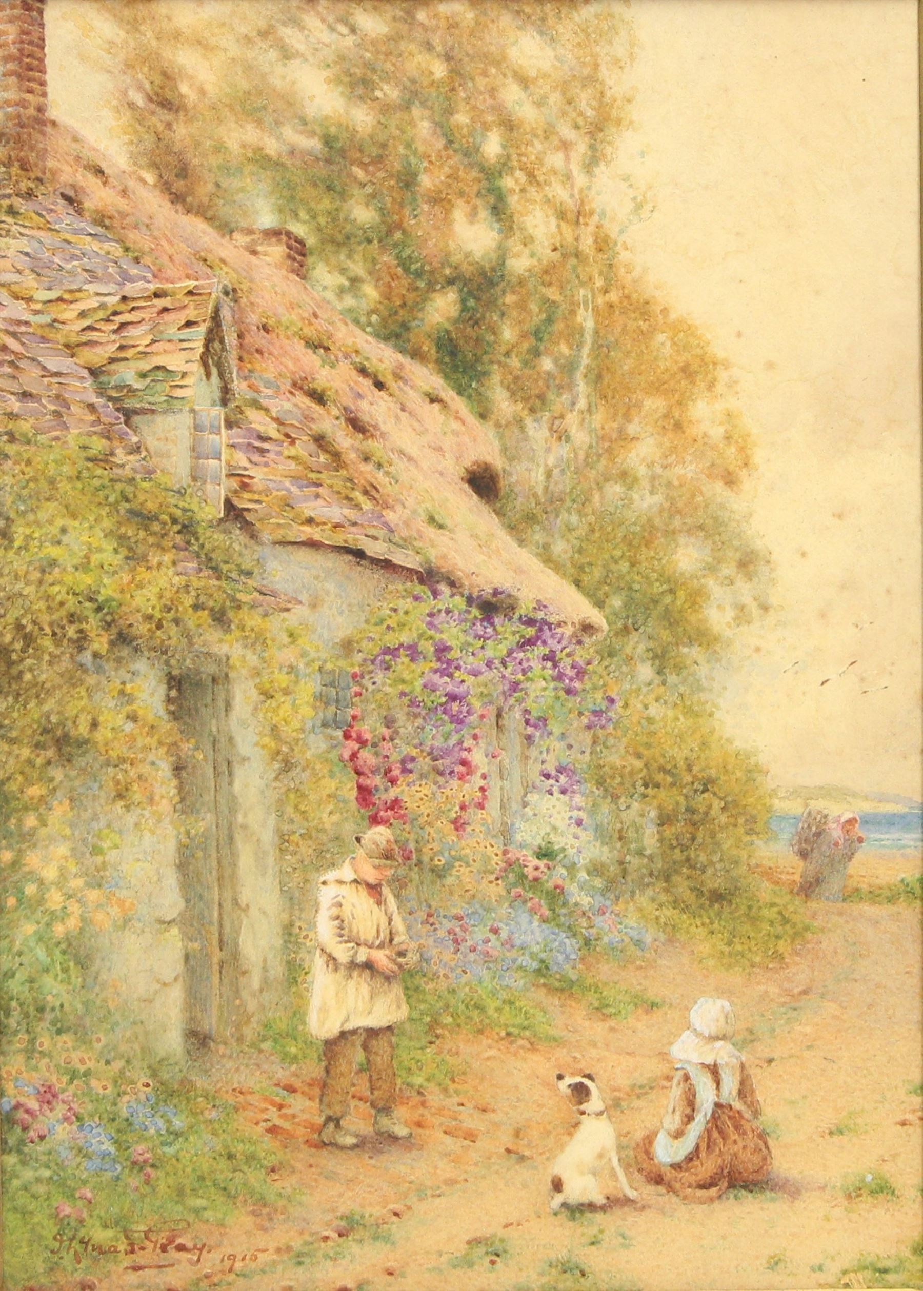 John Abernethy Lynas-Gray (British 1869-1940): Couple Outside the Cottage, watercolour signed and dated 1915, 36cm x 26cm (unframed)