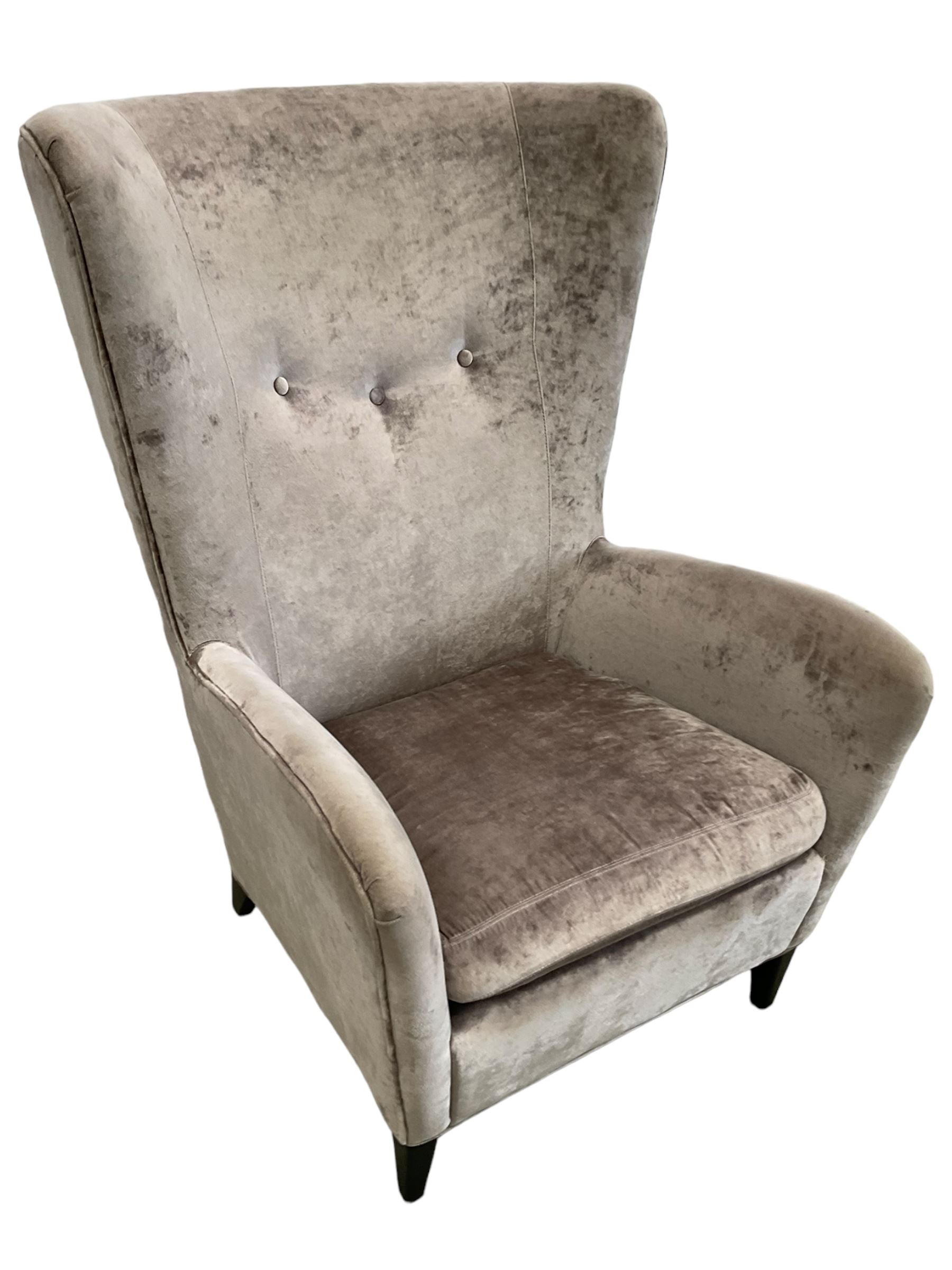 2 x Wing back armchair upholstered in silver crushed velvet fabric