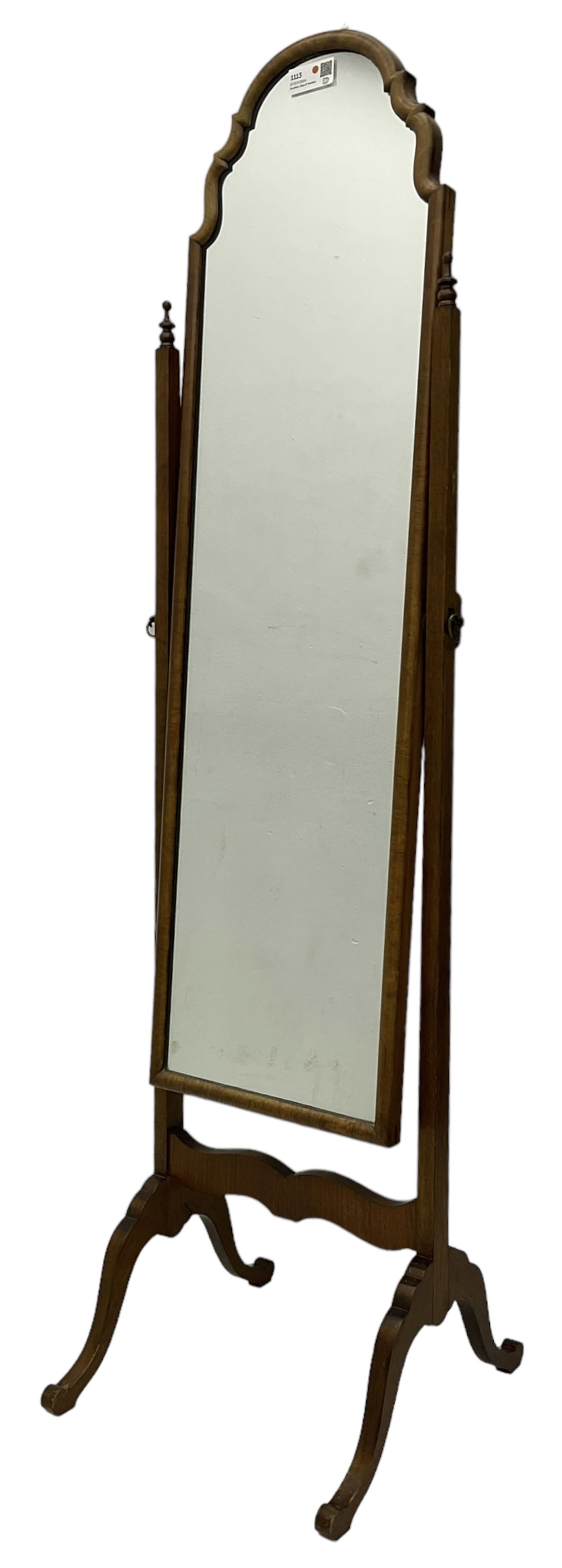 Georgian design walnut cheval dressing mirror, shaped and stepped arch top, tapered supports with finials, on shaped splayed supports 