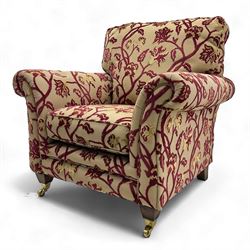 Contemporary upholstered armchair, scroll arms and loose cushions, embossed beige ground f...