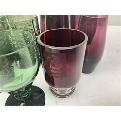 Set of four Swedish Reijmyre drinking glasses, with textured outer surface, together with green drinking glasses including Holmegaard examples and other glassware