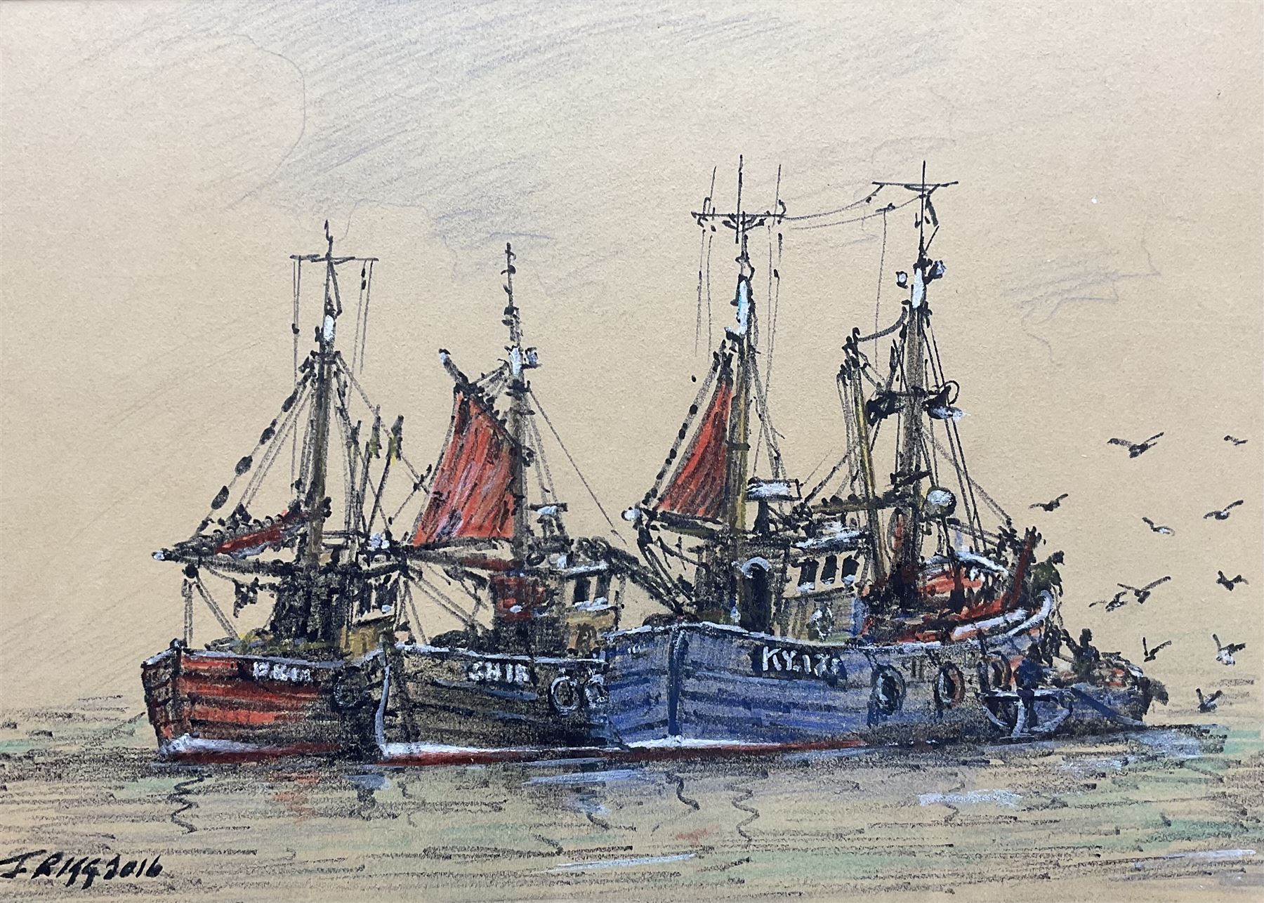 Jack Rigg (British 1927-2023): Trawlers at Rest off Scarborough, coloured pencil and ink signed and dated 2016, 36cm x 52cm