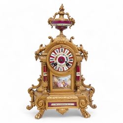 French - Late 19th century 8-day gilt metal and porcelain mounted clock c1880, the arched ...