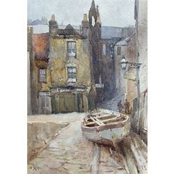 Charles William Adderton (British 1866-1944): 'Sandside Scarborough', watercolour signed with monogram and dated 1894, 25cm x 17.5cm (unframed)
Provenance: direct from the family of the artist Harry Wanless 1872-1934, part of a collection never previously seen on the market
Notes: Adderton was a friend of the brothers Harry and Charles Wanless, all of whom studied under Albert Strange at the Scarborough School of Art School. Adderton had a studio at 55 Sandside, Scarborough between 1894 and 1901, he moved to Ockbrook Derby and later to Robin Hoods Bay where he was a member of the Fylingdales Group of Artists