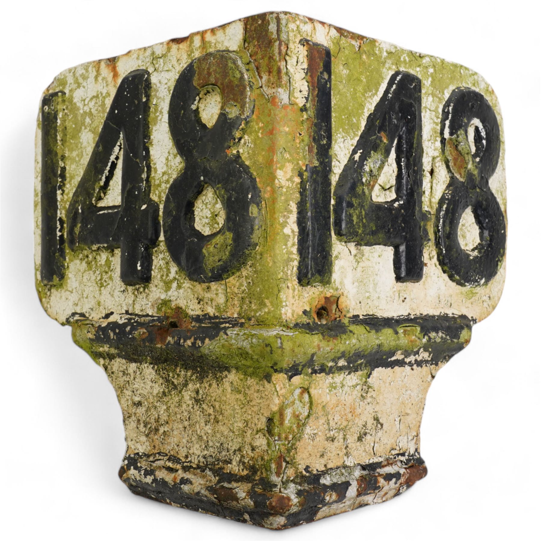 Railway cast iron marker no. 148, white with black raised lettering, H30cm x W36cm