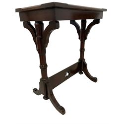 Late Victorian walnut ecclesiastical side table, rectangular top with stop chamfered edge, on turned supports united by rectangular stretcher pierced with trefoil, on splayed feet 