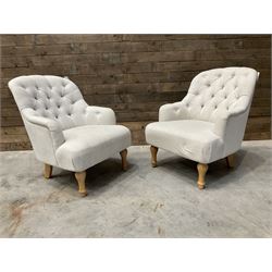 Pair of armchairs upholstered in button back linen fabric